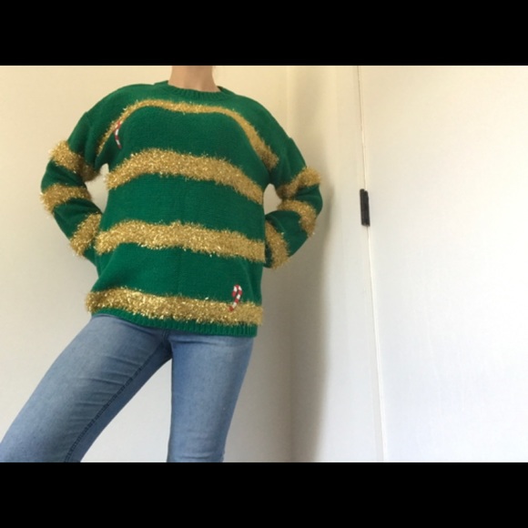 Merry Christmas Gold Tinsel & Candy-cane Sweater Green - Picture 5 of 15